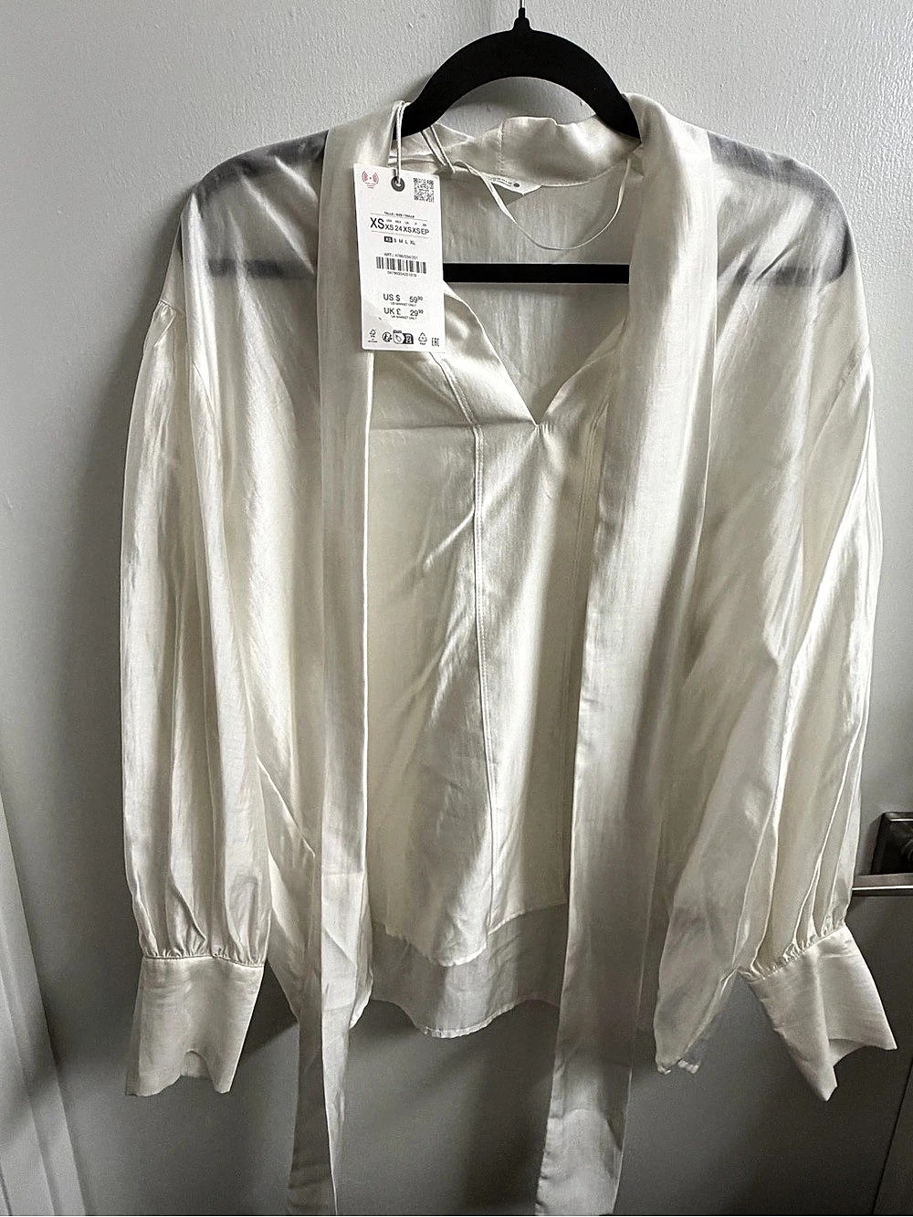 Zara Contrast Stitch Scarf Blouse White Medium